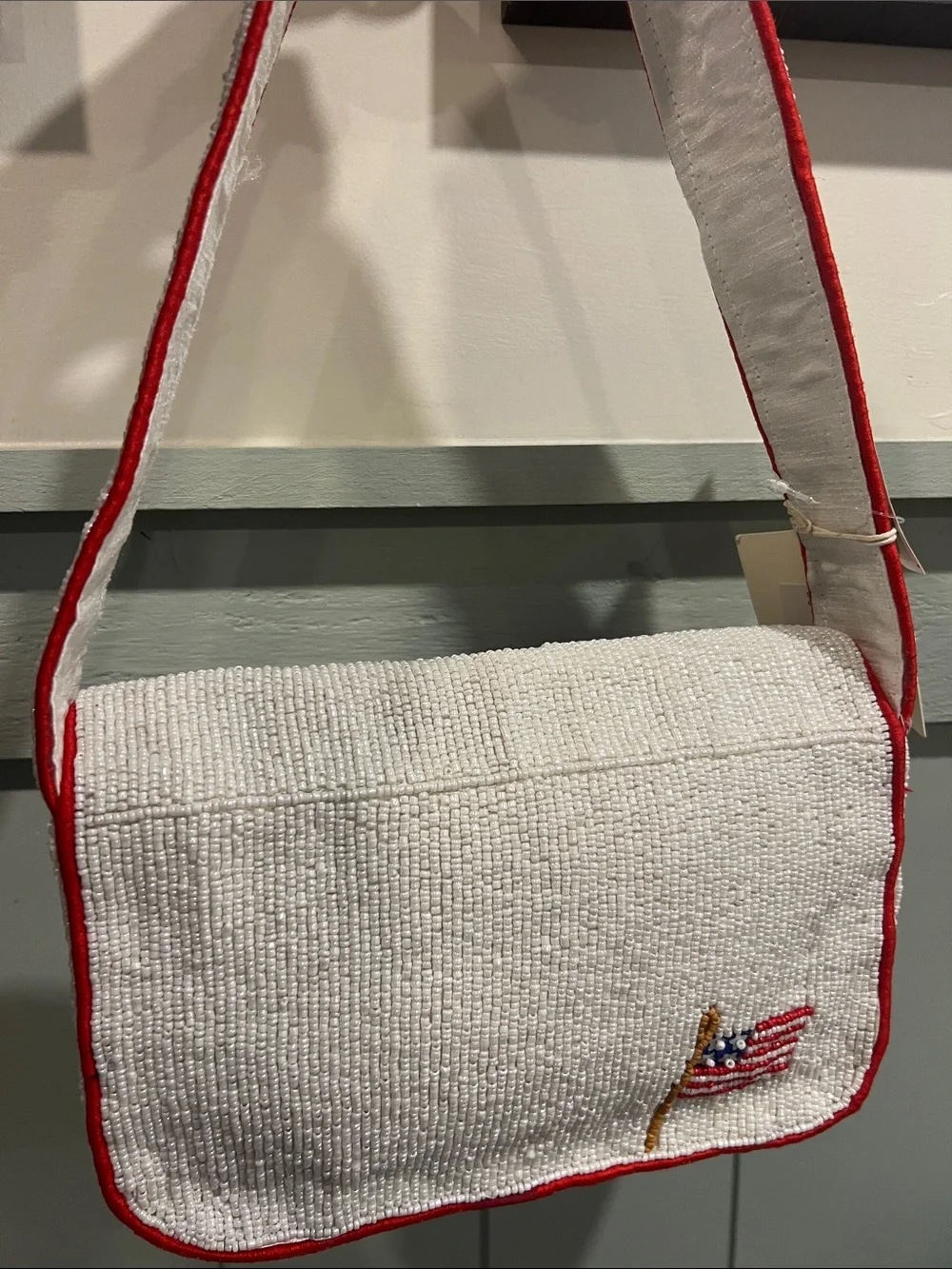 Beaded Red Truck Shoulder Bag with Patriotic Floral Embroidery